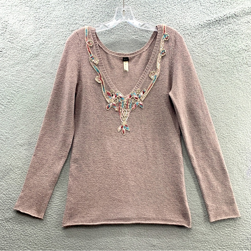 We the Free Women's L Pink Blush Long Sleeve V-Neck Embroidered Boho Sweater Top